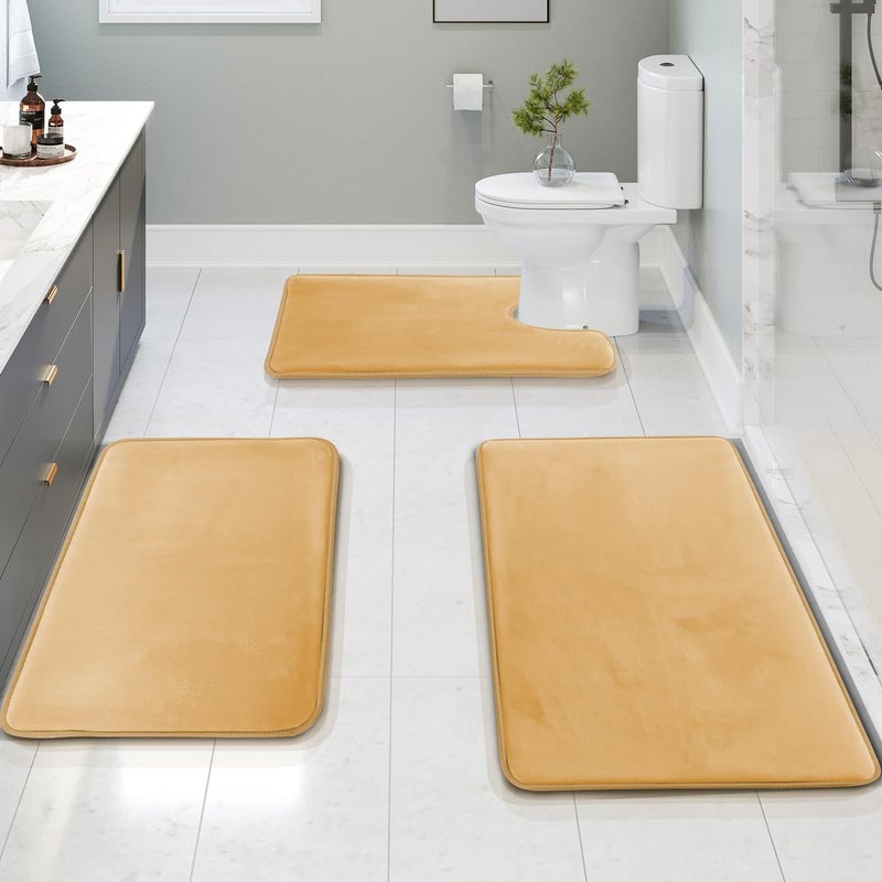 Clara Clark 3 Piece Bathroom Rugs Bath Mat Set, Velvet Memory Foam Bath Mats for Bathroom - Non-Slip, PVC Backing Bath Rugs, Washable - Dries Quickly, Beige - Image 2